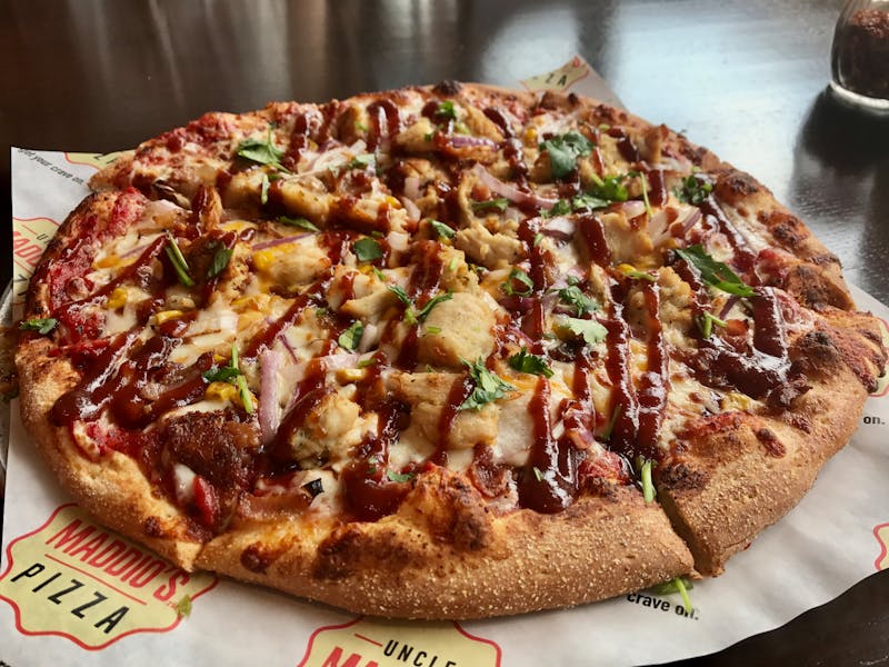 BBQ chicken pizza with smoky sauce and melted cheese